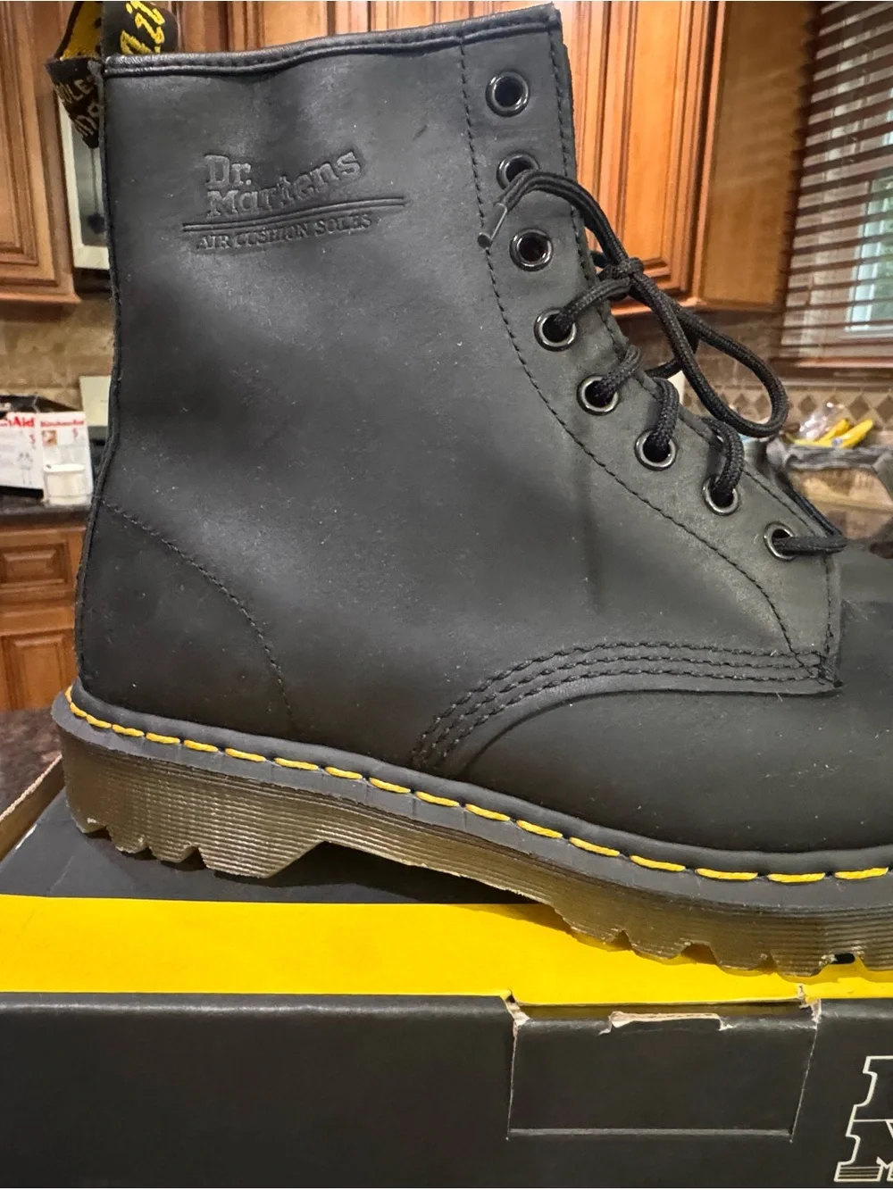 Dr. Martens Black Leather Lace-Up Boots with Yellow Stitching